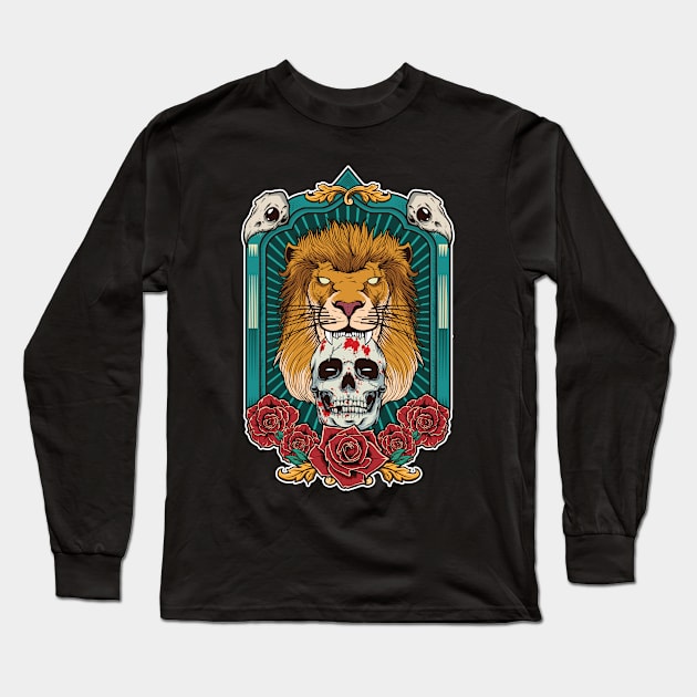 Lion Illustration with Skull Long Sleeve T-Shirt by FilsonDesigns